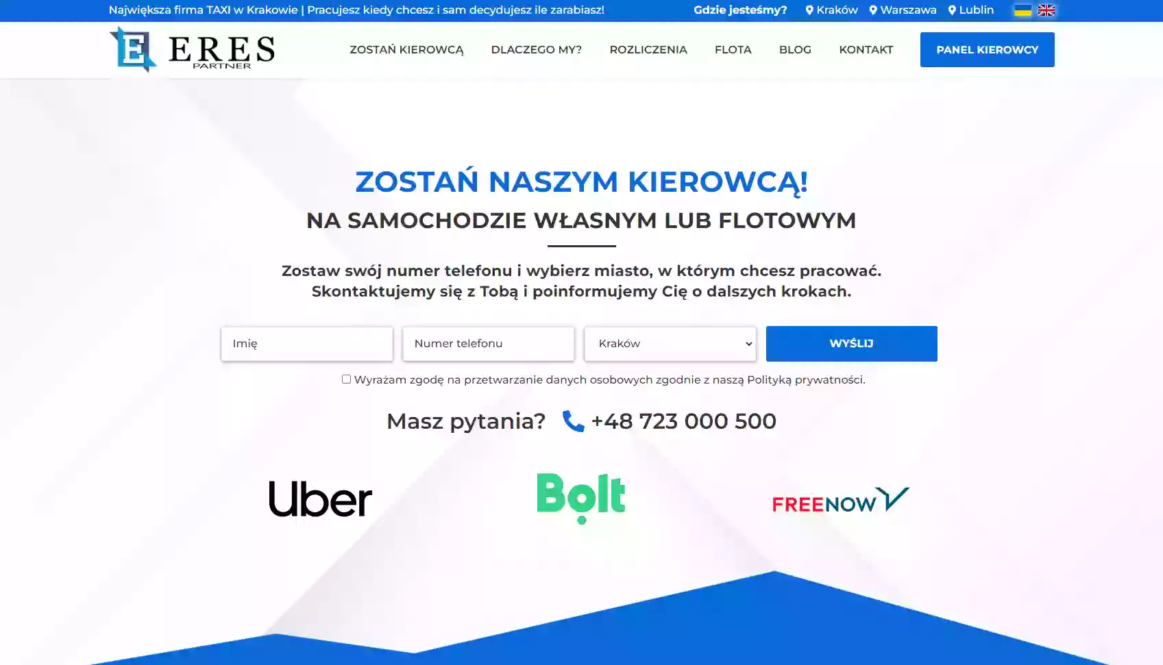 ERES Partner - UBER, BOLT, FREENOW Największa firma TAXI w Krakowie